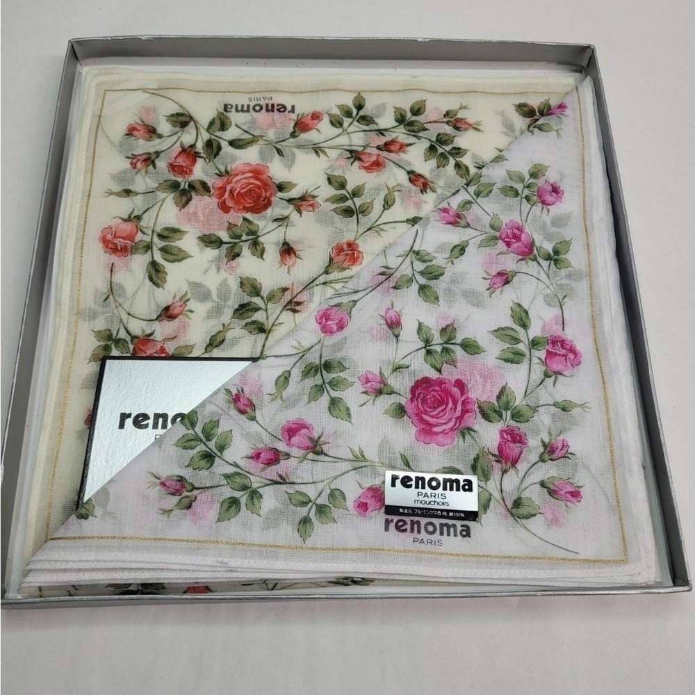 Renoma Paris Pair Handkerchief‎ Pocket Hankie Red Rose Floral NIB 16" Grannycore